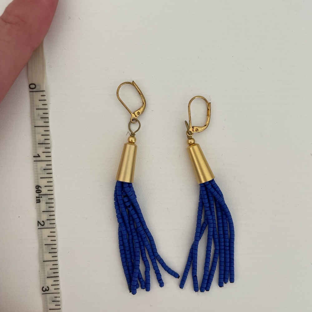 Madewell beaded tassel earrings in cobalt blue with gold hardware